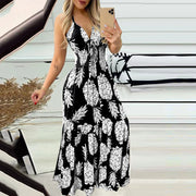 Bohemian Pineapple Print Spaghetti Strap Maxi Dress, Deep V Neck Tie Front Ruched Waist Flowy Long Dress for Beach Vacation Summer Dress for Women