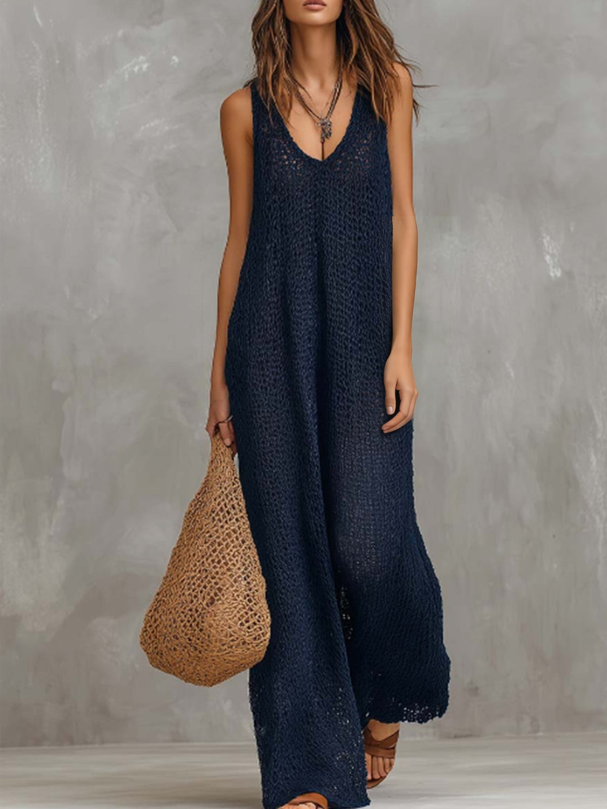 Casual Sleeveless Loose Waist Knitted Jumpsuit