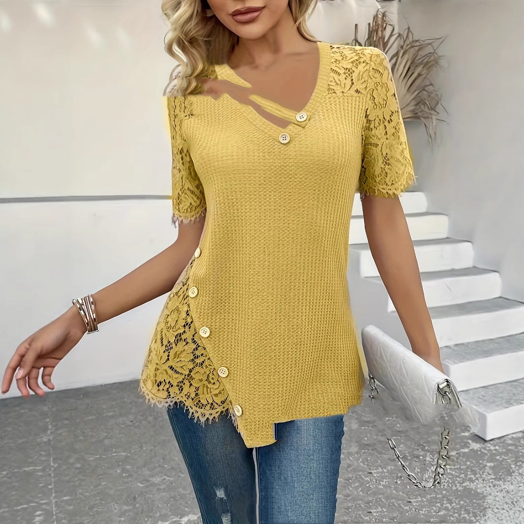 Vibrant Knitted Lace Short Sleeve Shirt – Soft, Elegant & Flattering