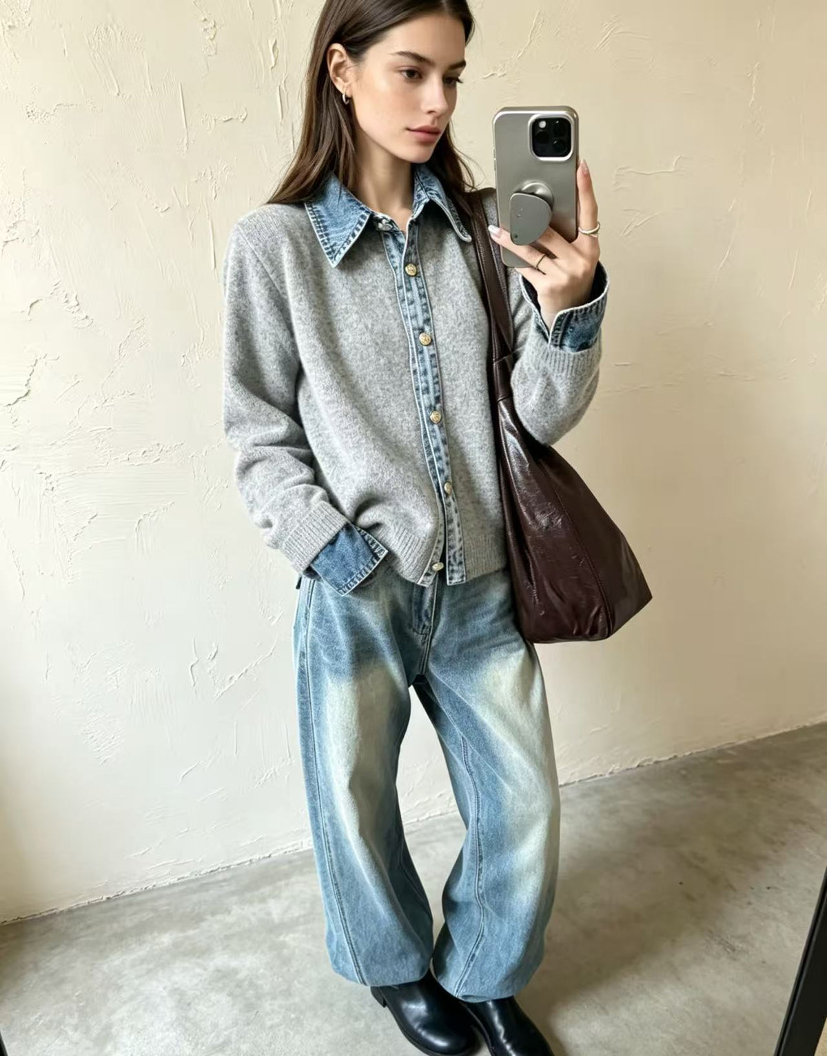 Fake Two-piece Sweater Womens Cardigan Laid-back Style Knit Jacket