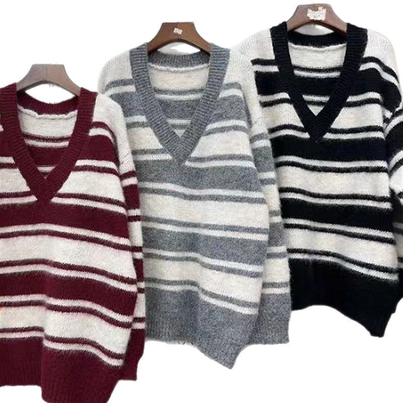 Korean Style Retro V-neck Striped Loose Sweater