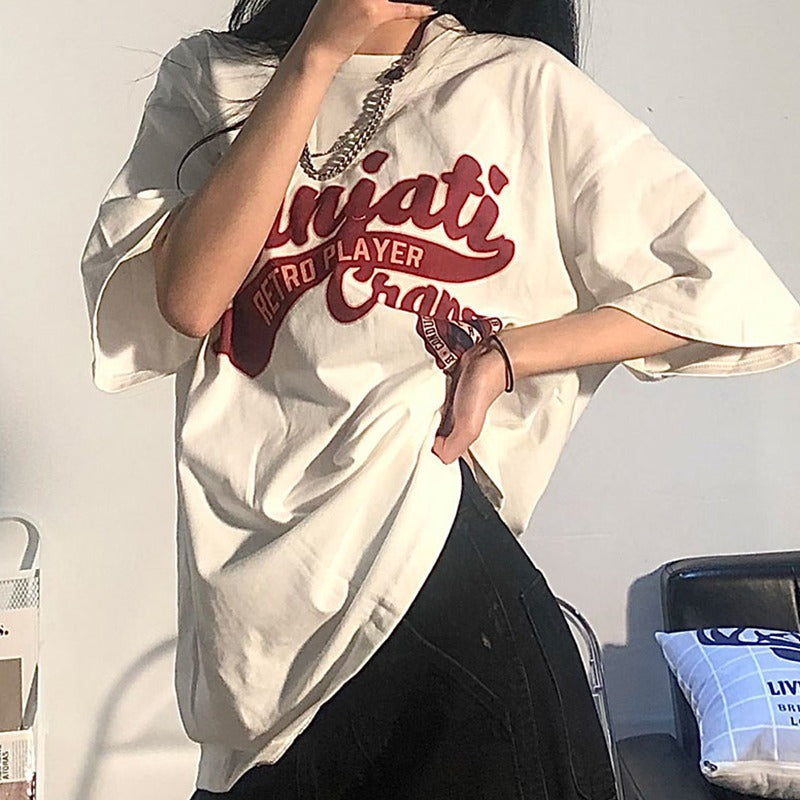 Chic White Letter Print Half Sleeve Top