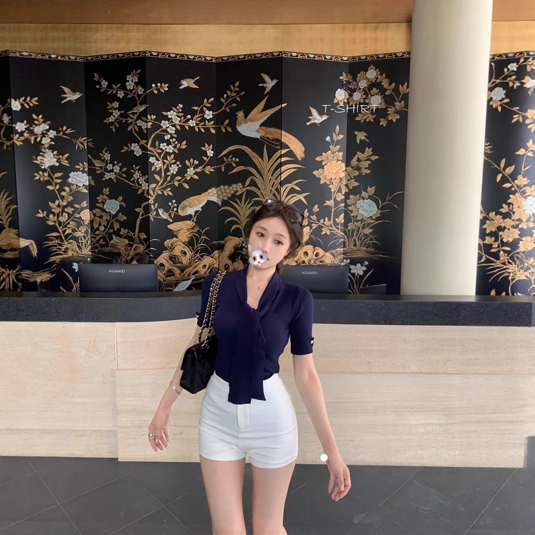 Elegant Ribbon Detail Chic And Mature Figure-hugging Short-sleeve T-shirt