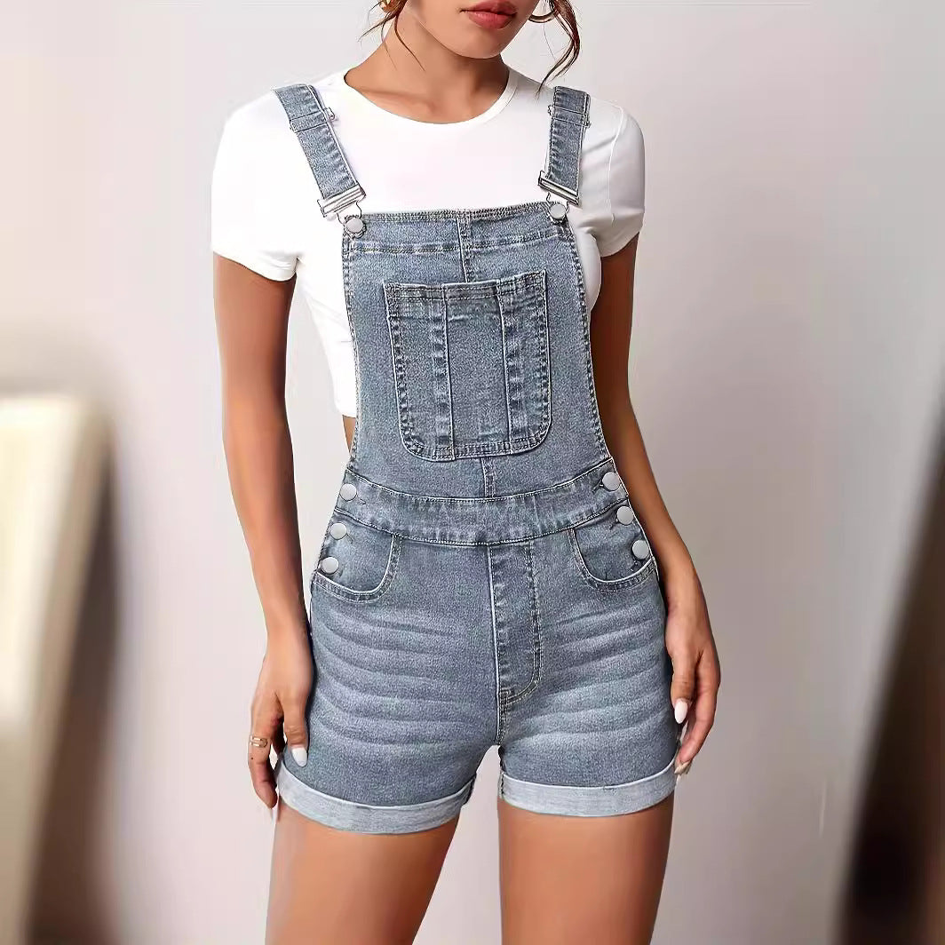 Stretchy Slim-Fit Denim Overalls with Adjustable Straps