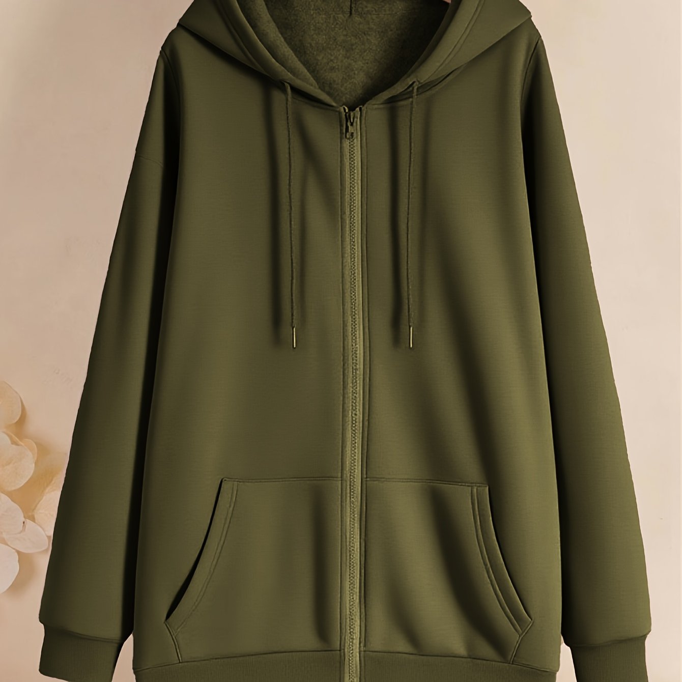 Women's Plus Size Long Sleeve Hooded Fleece-Lined Sweatshirt with Zip Front and Drawstring – Solid Color