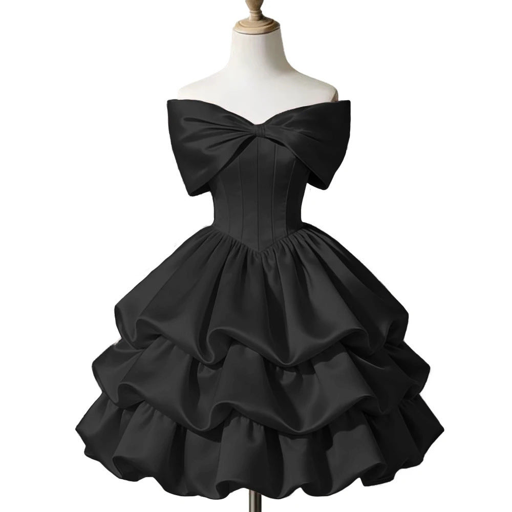 One-shoulder Satin Puff Skirt with a Bow Short-length Waist-cinching Designperfect for Everyday Wear