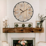20 Inch Large Farmhouse Wall Clock, Rustic Antique Wood With Metal Circle And Large Engraved Numerals
