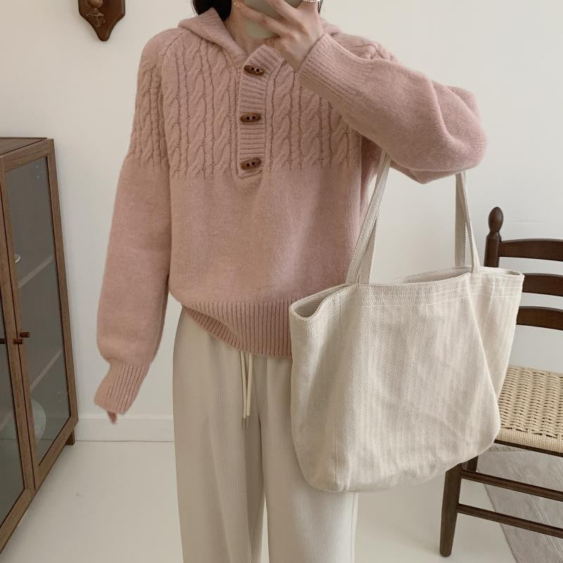 Korean-style Horn-button Cable-knit Sweater for Women