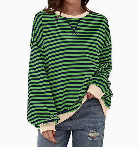 Casual Striped Round Neck Long Sleeve Slim Pullover Top