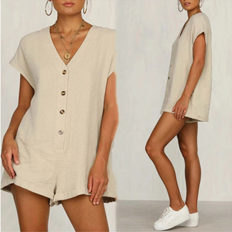 Chic V-Neck Button Short Sleeve Romper