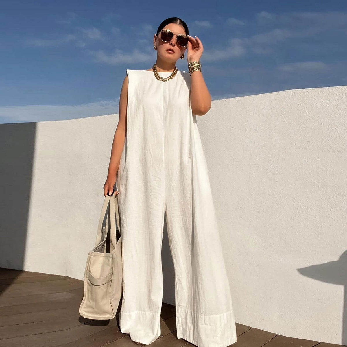 Chic Solid Color Wide Leg Casual Jumpsuit for Women