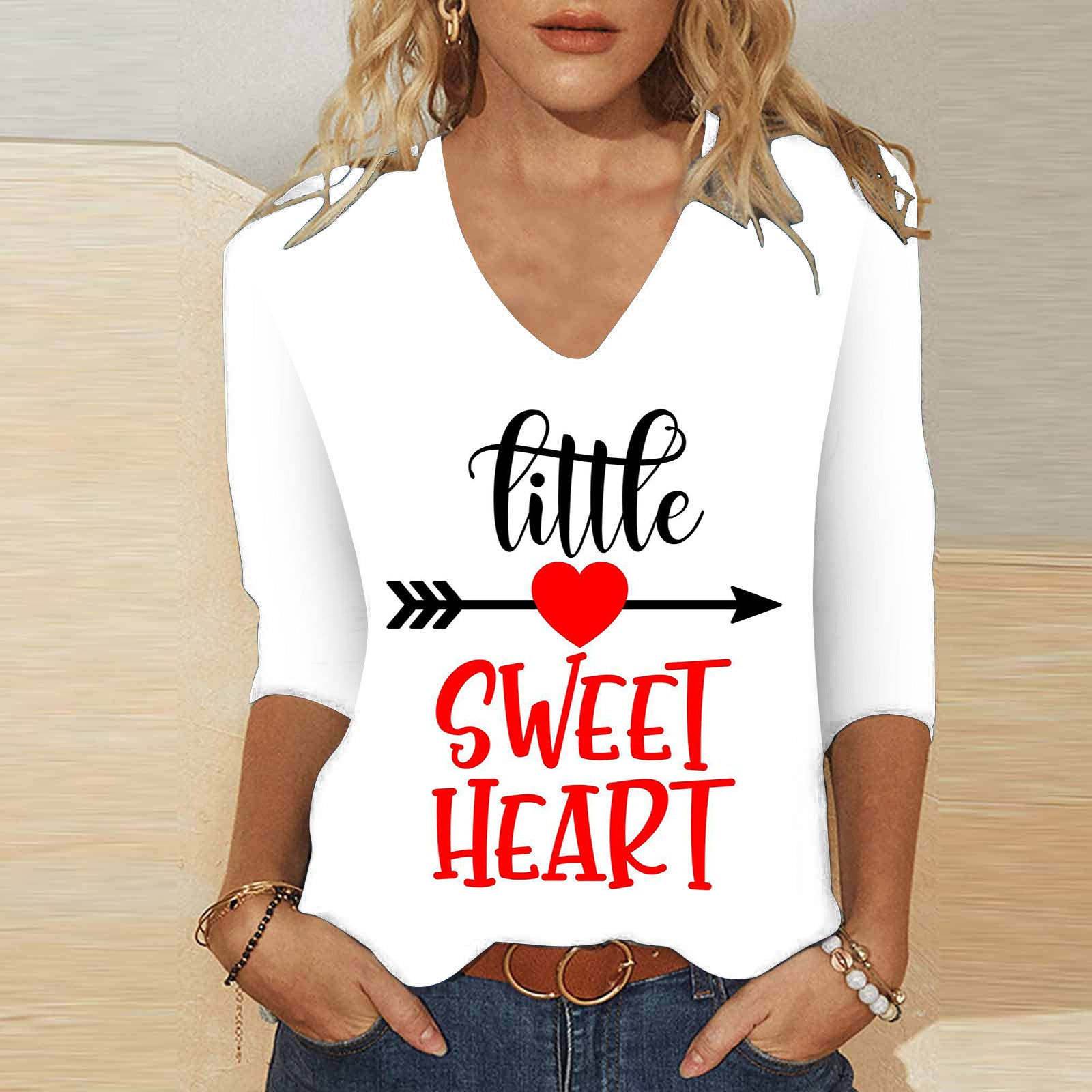 Cute Valentine's Heart V-Neck 3/4 Sleeve Casual T-Shirt