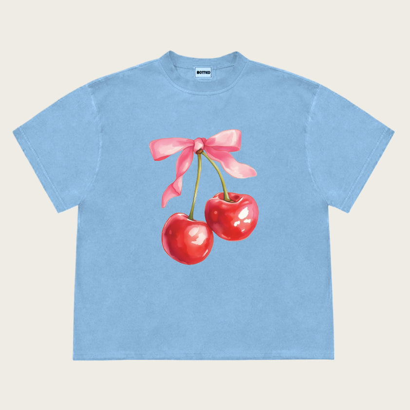 Vintage Cherry Bow Print Women's Cotton Tee – Sweet, Flattering Fit