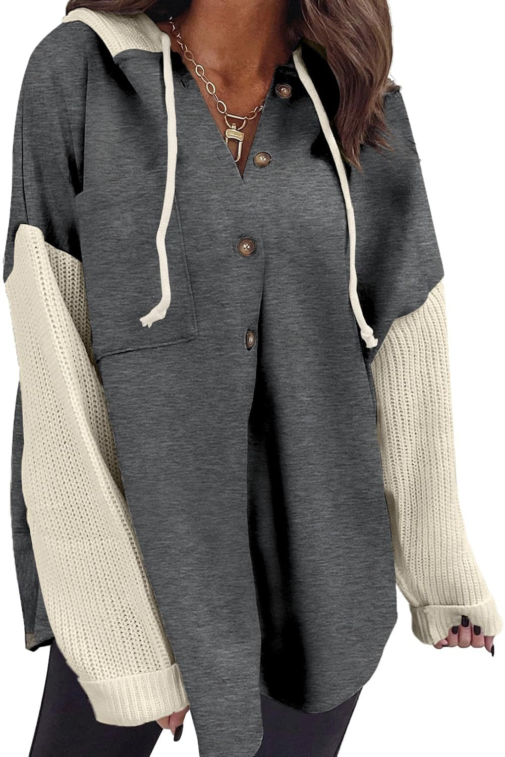 Women's Casual Loose Button Hooded Sweatshirt