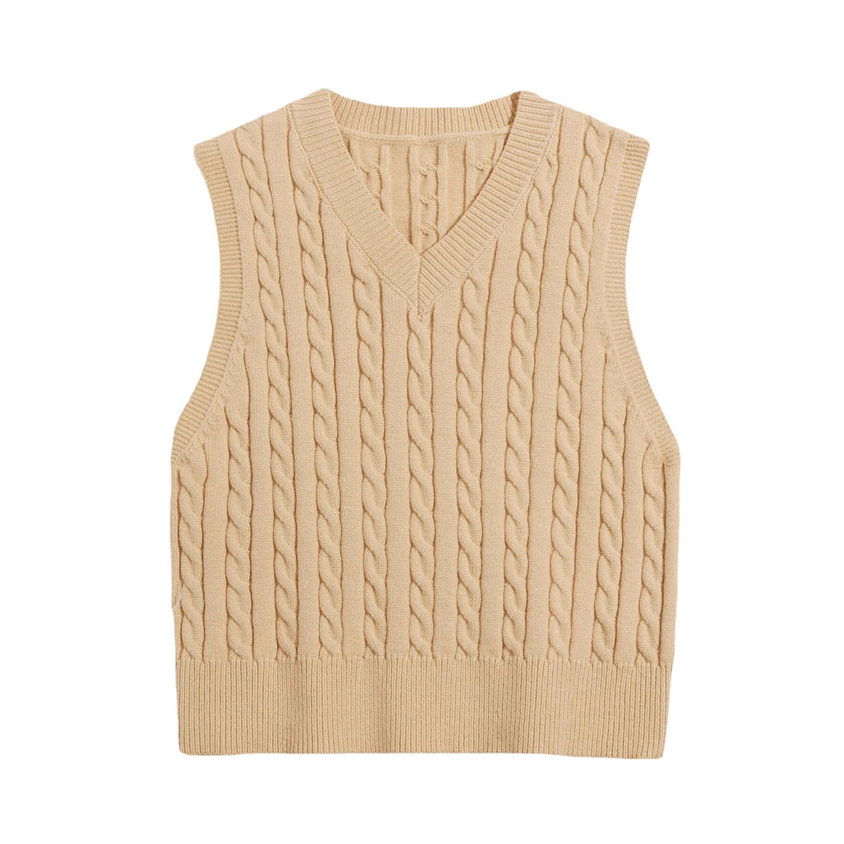 Springsummer Knitted Cabled Vest Pullover with V-neck