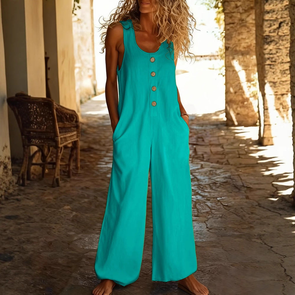 Women's Casual Loose-Fit Pocket Long Jumpsuit Romper
