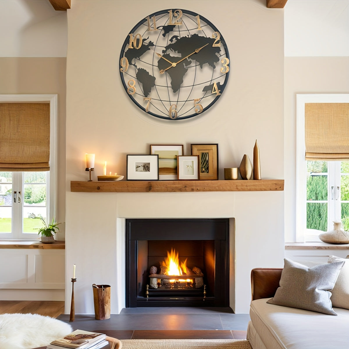 Large Vintage Metal Wall Clock, 23.6/27.6-inch, Silent Quartz Movement, World Map Design, Golden-Toned Hands, Ideal for Indoor & Outdoor Home and Kitchen Decor, Outdoor Wall Decor | Elegant Room Accessory | Thickened Design, Wall Clock Living Room