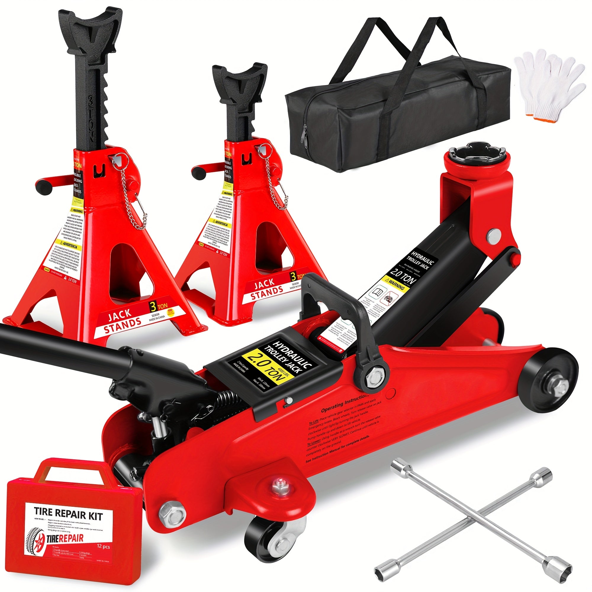 2/2.5/3 Ton Capacity Floor Car Jack Low Profile Garage Hydraulic Trolley Service Lift Floor Jack Combo with With 2 Ratchet 3 Ton Jack Stands, Tire Repair Kit, 14-inch Wheel Cross Wrench, Wheel...