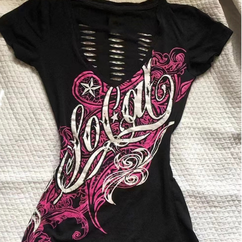 Retro Black T-Shirt with Ripped Back – Summer Vibe