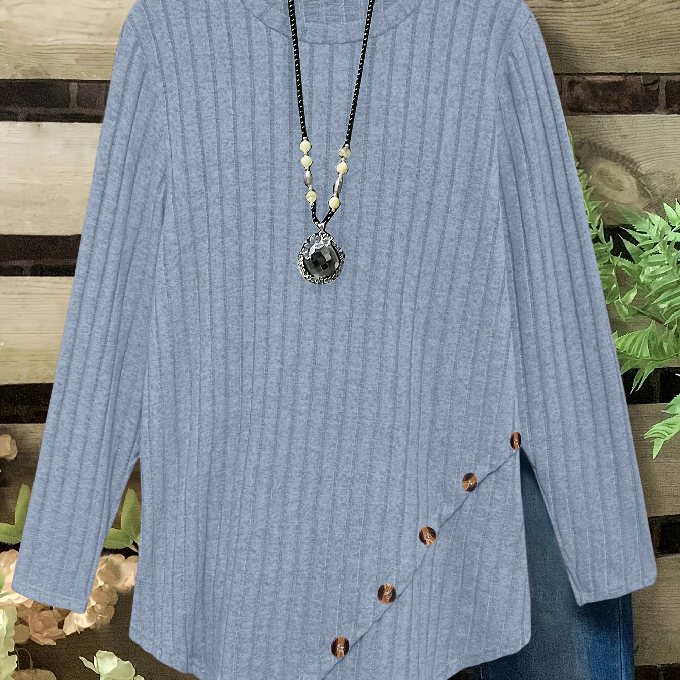 Plus Size Lightweight Ribbed Long Sleeve T-Shirt with Asymmetrical Hem