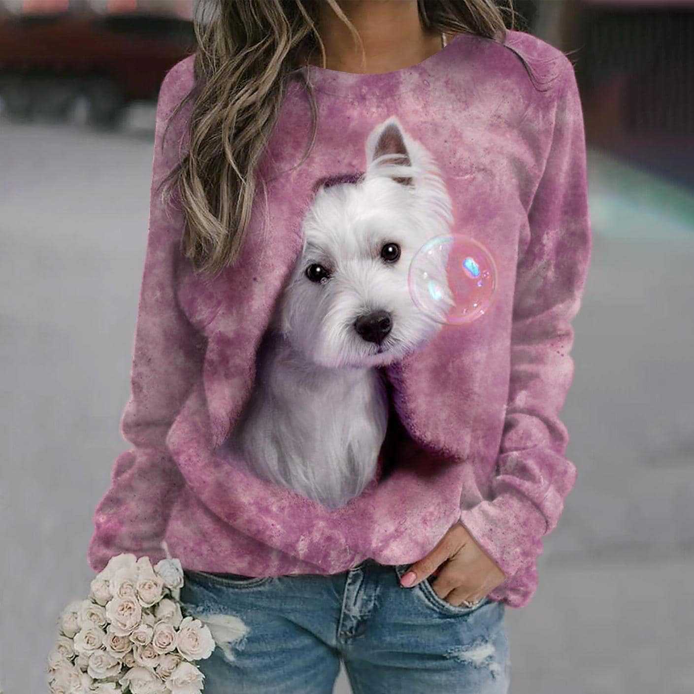 Women's 3D Digital Print Round Neck Fashion Sweater