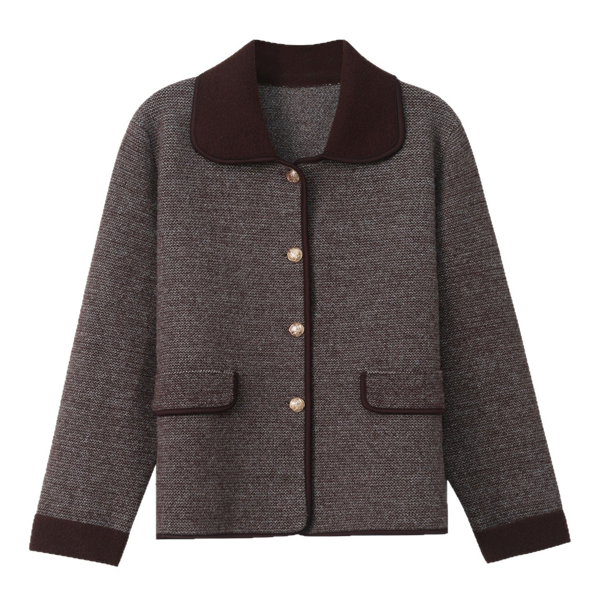 Polo-collar Denim-panel Knitted Mock Two-piece Sweater