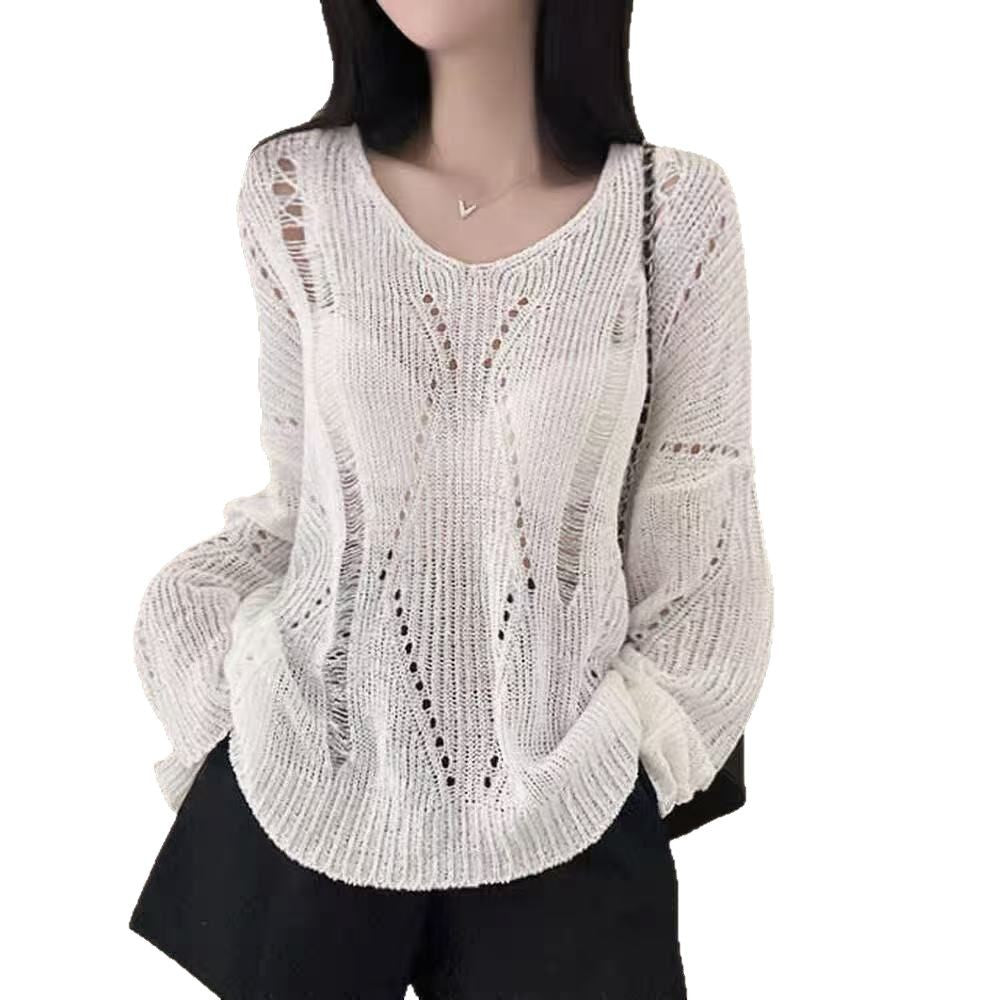 Hollow-out Ice Silk Thin Long Sleeve Mid-length V-neck Sweater