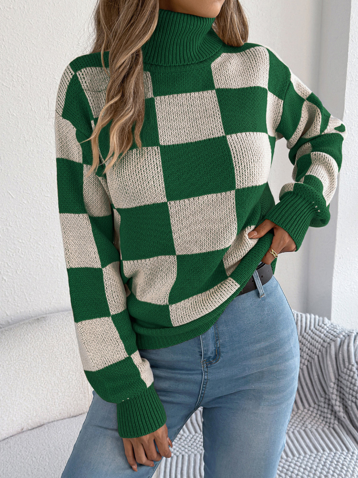 Casual Turtleneck Contrast-color Plaid Long-sleeve Sweater