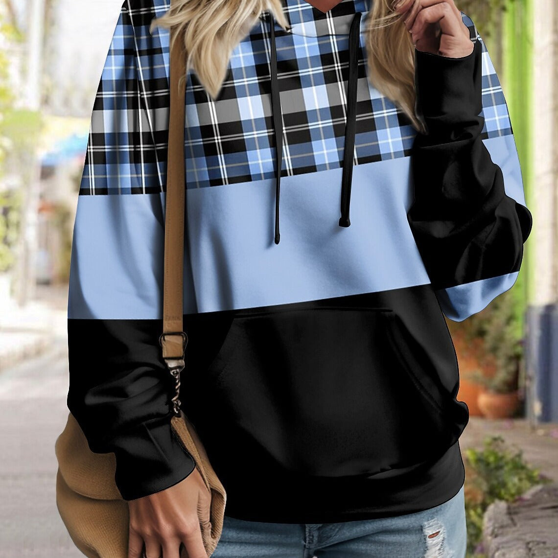 Women's Plaid Color Block Pullover Hoodie