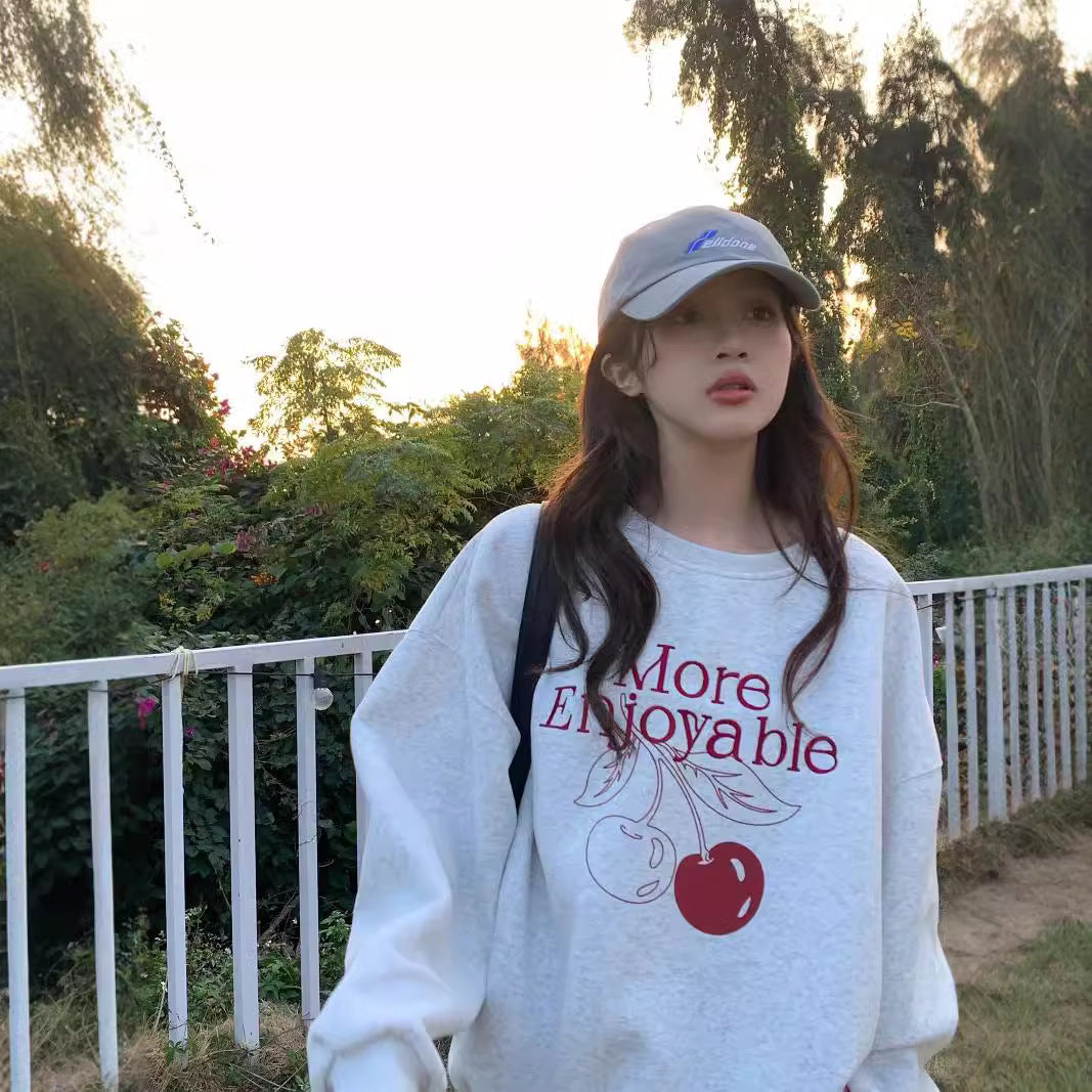 Cute Cherry Print Fleece-Lined Loose Sweatshirt