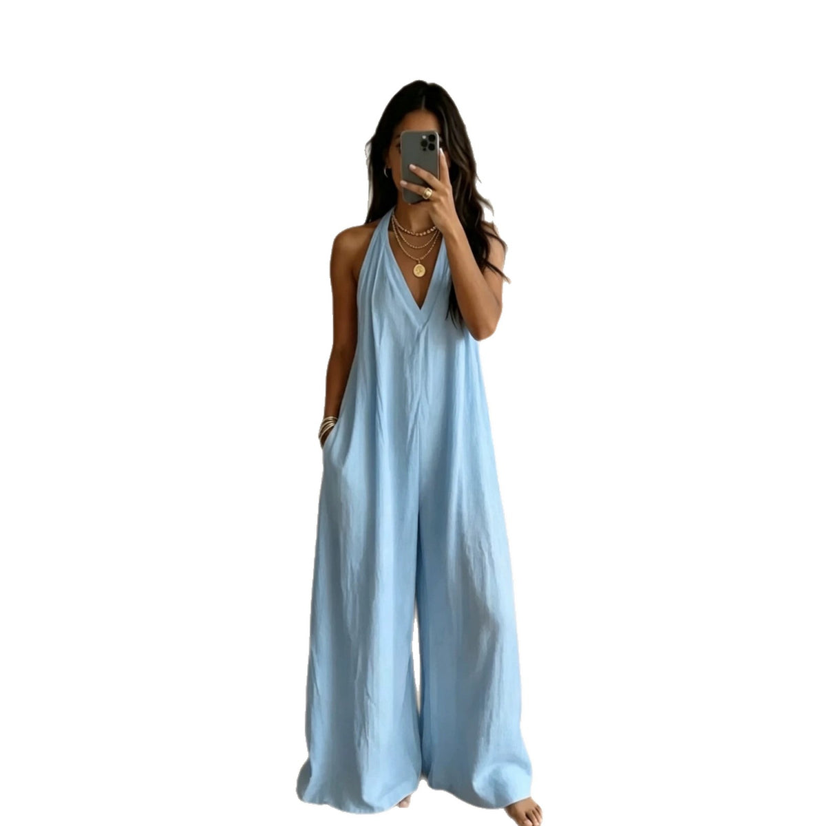 Women's Solid Loose Sleeveless Pocket Jumpsuit