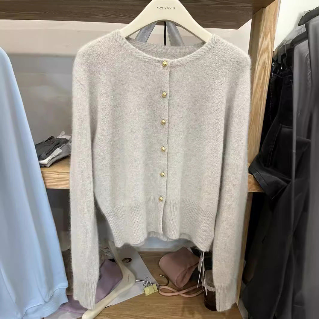 Round-neck Gold-button Wool Knit Cardigan Sweater