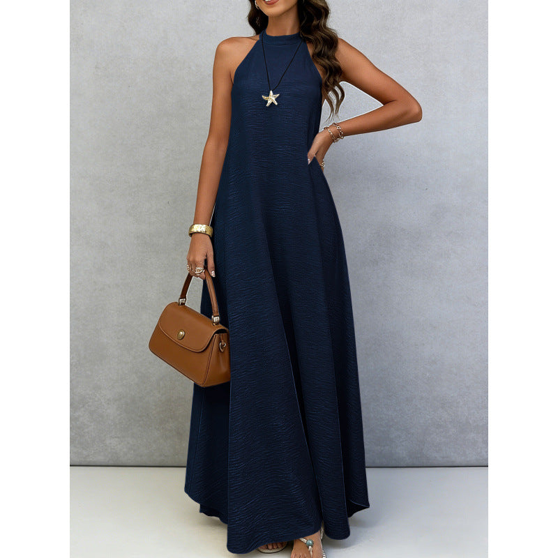 Womens Loose-fitting Plus-size Sleeveless Solid-color Dress