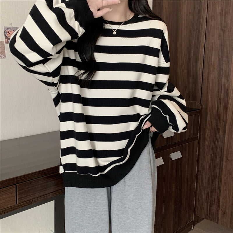 Retro Striped Crew Neck Casual Sweatshirt for Women
