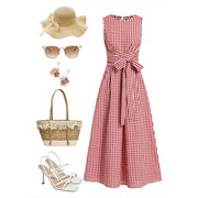 Womens Red and White Plaid Sleeveless Dress