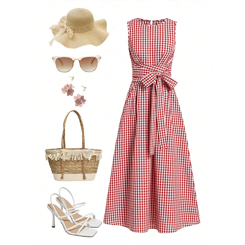 Womens Red and White Plaid Sleeveless Dress