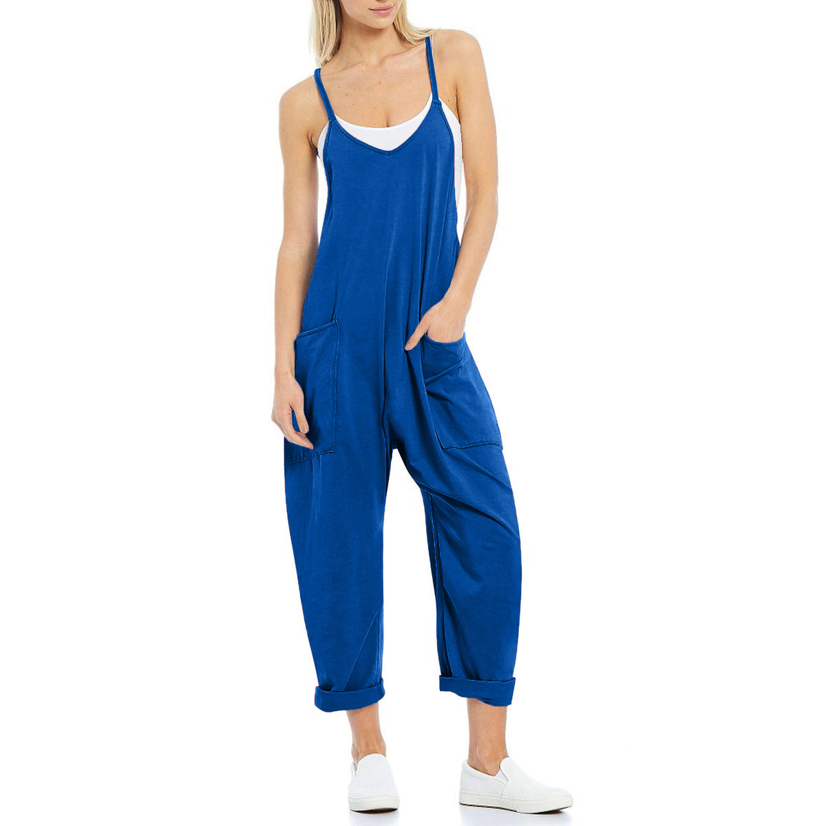 Women's Knit Spaghetti Strap Pocket Romper Jumpsuit