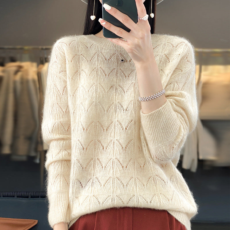 Women's Wool Knitted Round Neck Pullover Hollow-out Solid Color Long Sleeve