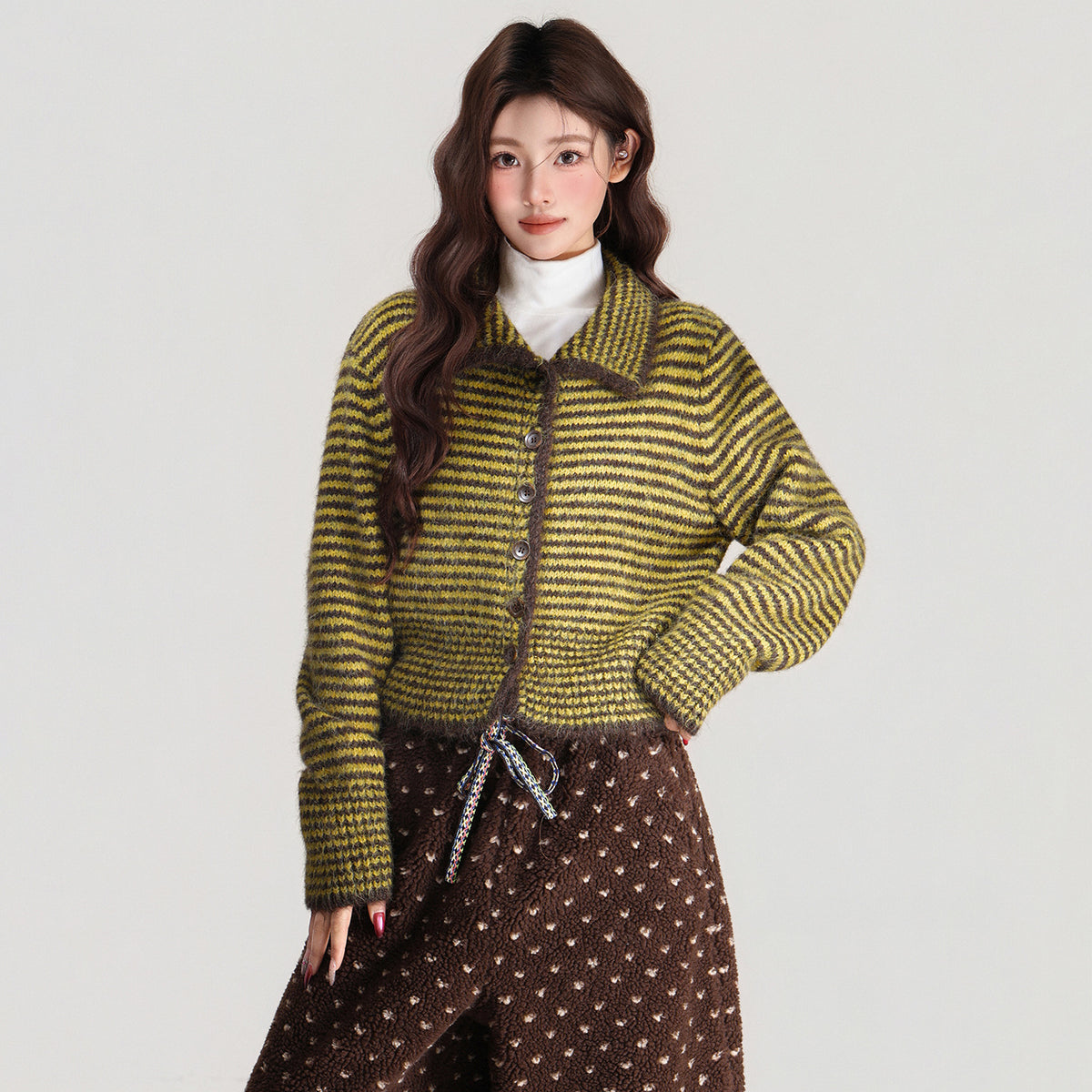 Polo Collar Striped Single-breasted Knitted Sweater Long Sleeve