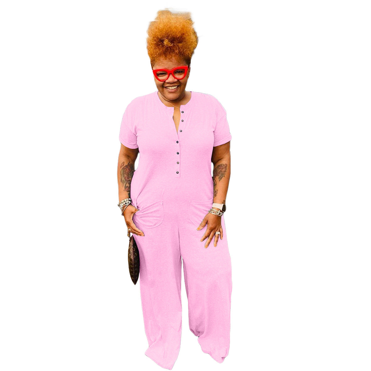Plus-Size Casual Buttoned Jumpsuit