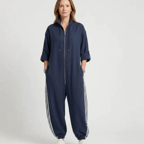 Color-Block Striped Zip-Up Jumpsuit