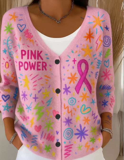 Womens Printed Knitted Sweater with Buttons Printed Cardigan