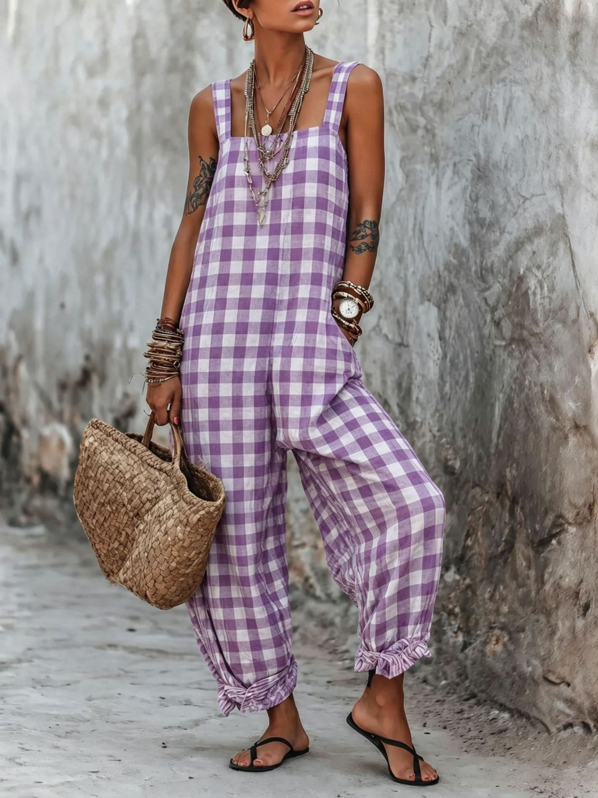 Women's Plaid Sleeveless Wide-Leg Jumpsuit