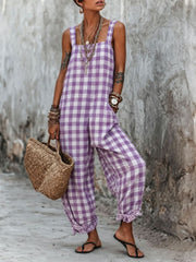 Women's Plaid Sleeveless Wide-Leg Jumpsuit