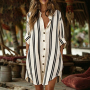 Womens Casual Black and White Striped Loose-fit Shirt Dress
