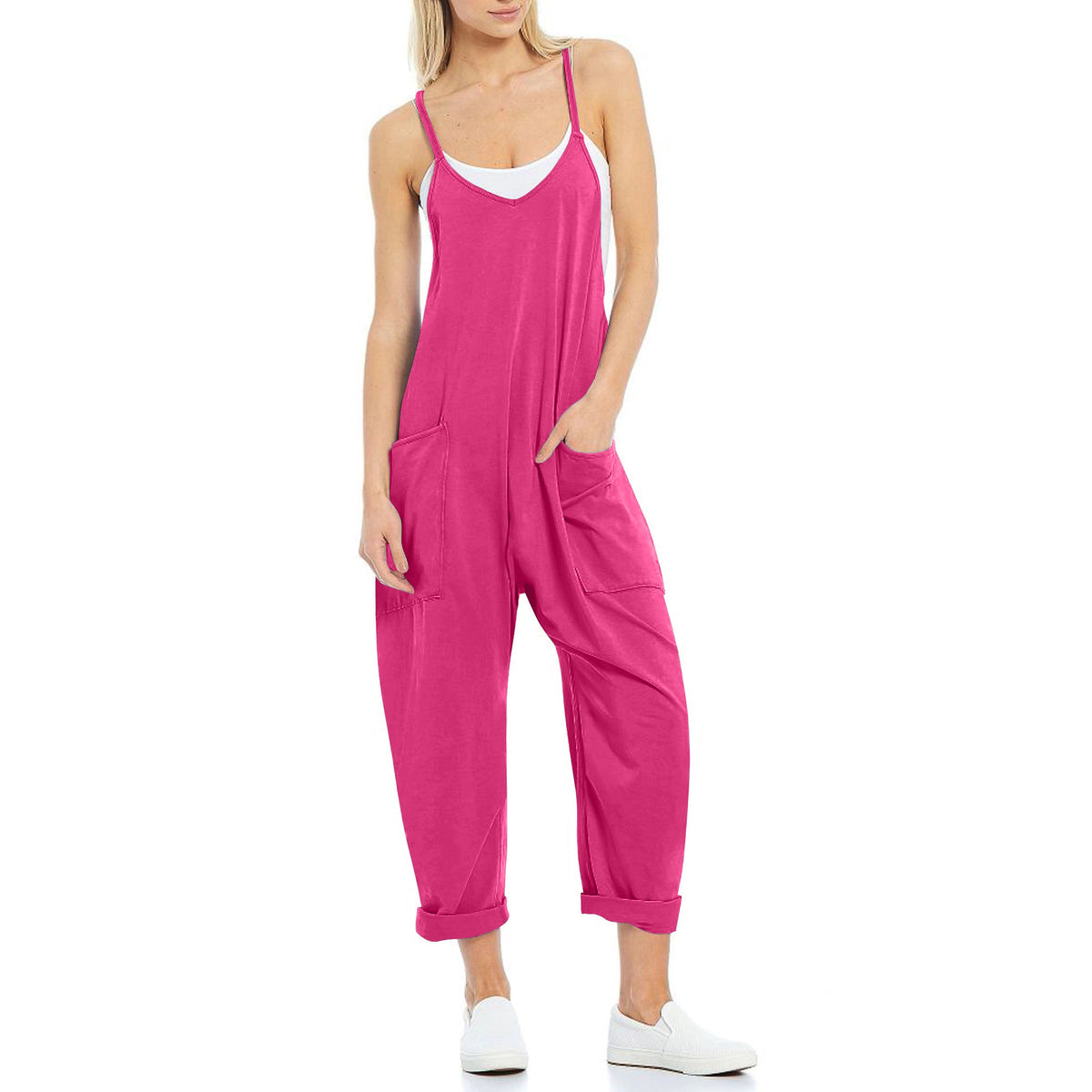 Women's Knit Spaghetti Strap Pocket Romper Jumpsuit