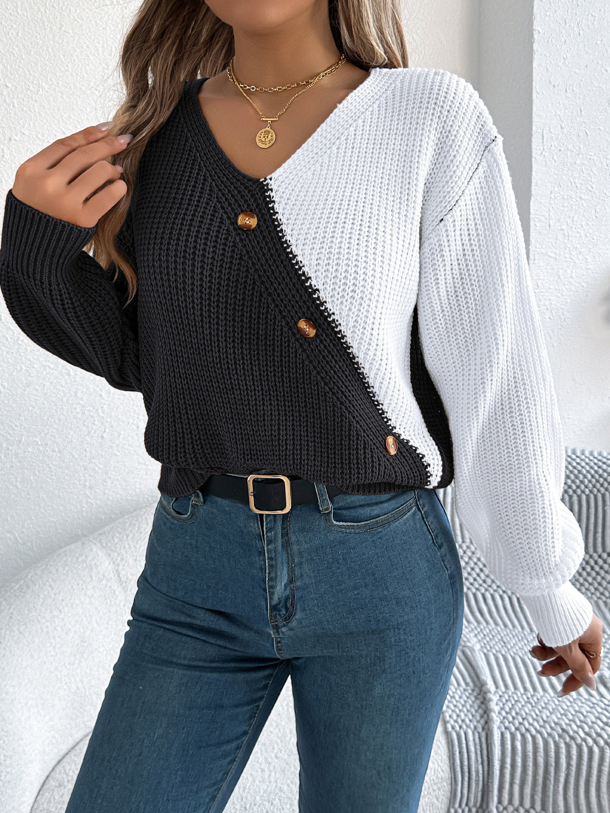 Women Casual V-neck Button Color Block Lantern Sleeve Pullover Sweater