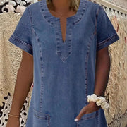 T-selling New Women's V-neck Pleated Pocket Short-sleeve Denim Dres…