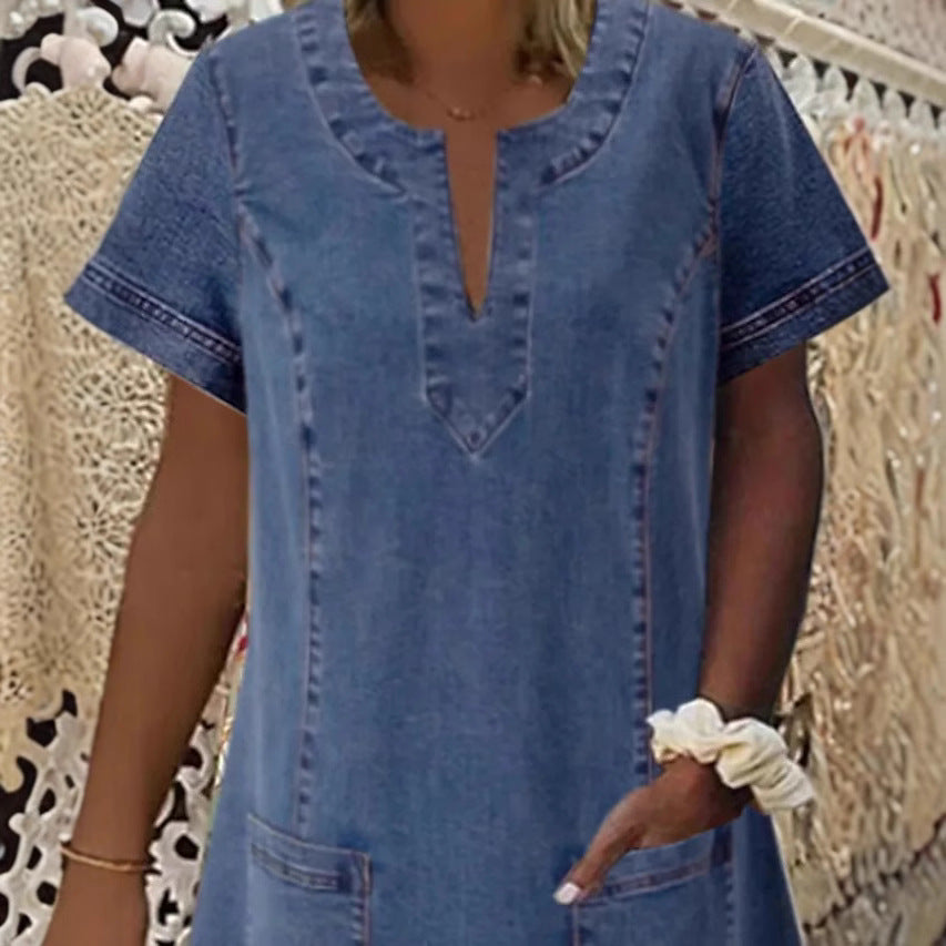 T-selling New Women's V-neck Pleated Pocket Short-sleeve Denim Dres…