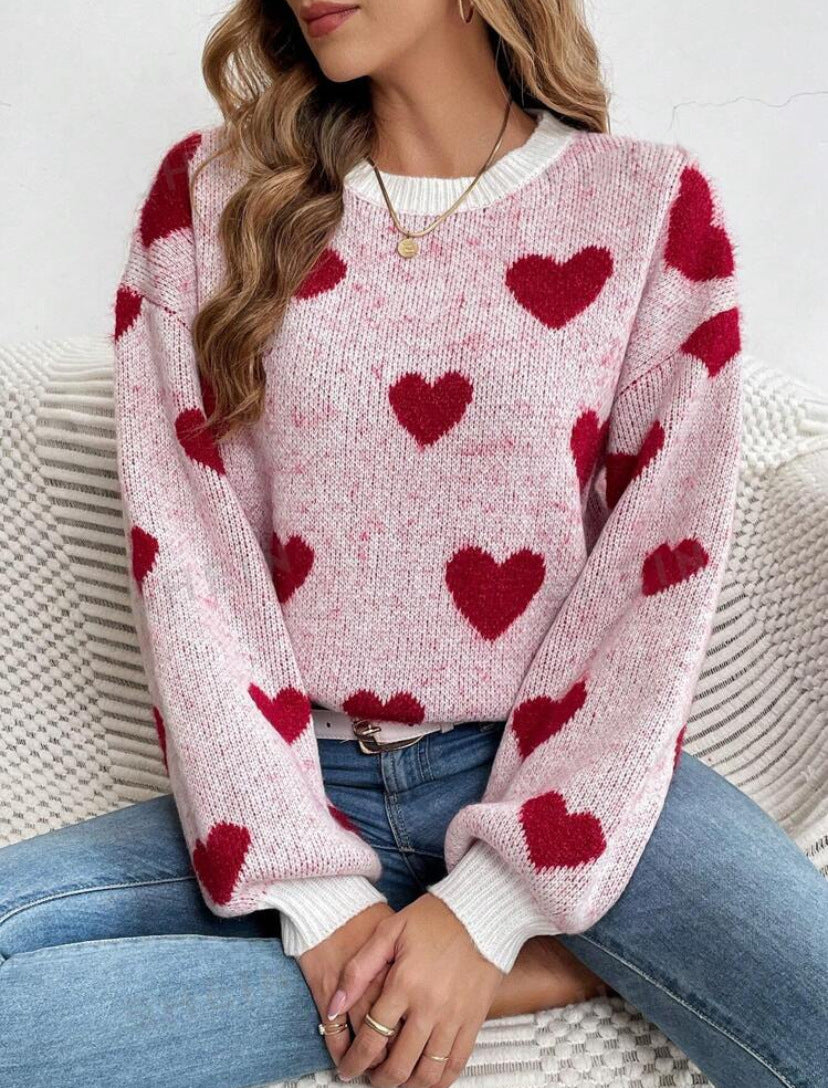 Round Neck Pullover All-matching Love Contrast Color Loose Casual Knitted Long Sleeve